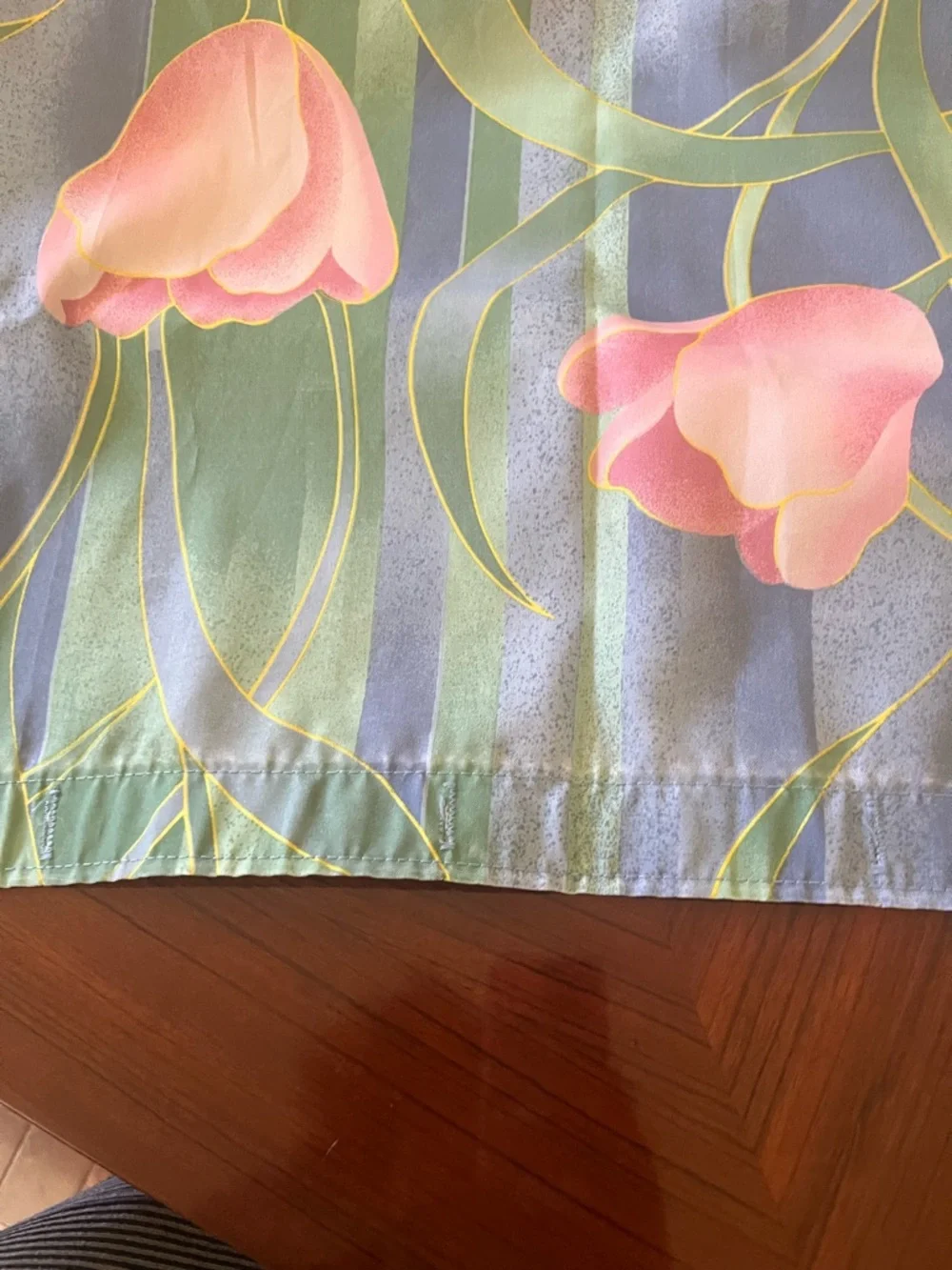 Floral Pink Tulip Shower Curtain Panel - Green & Blue Background